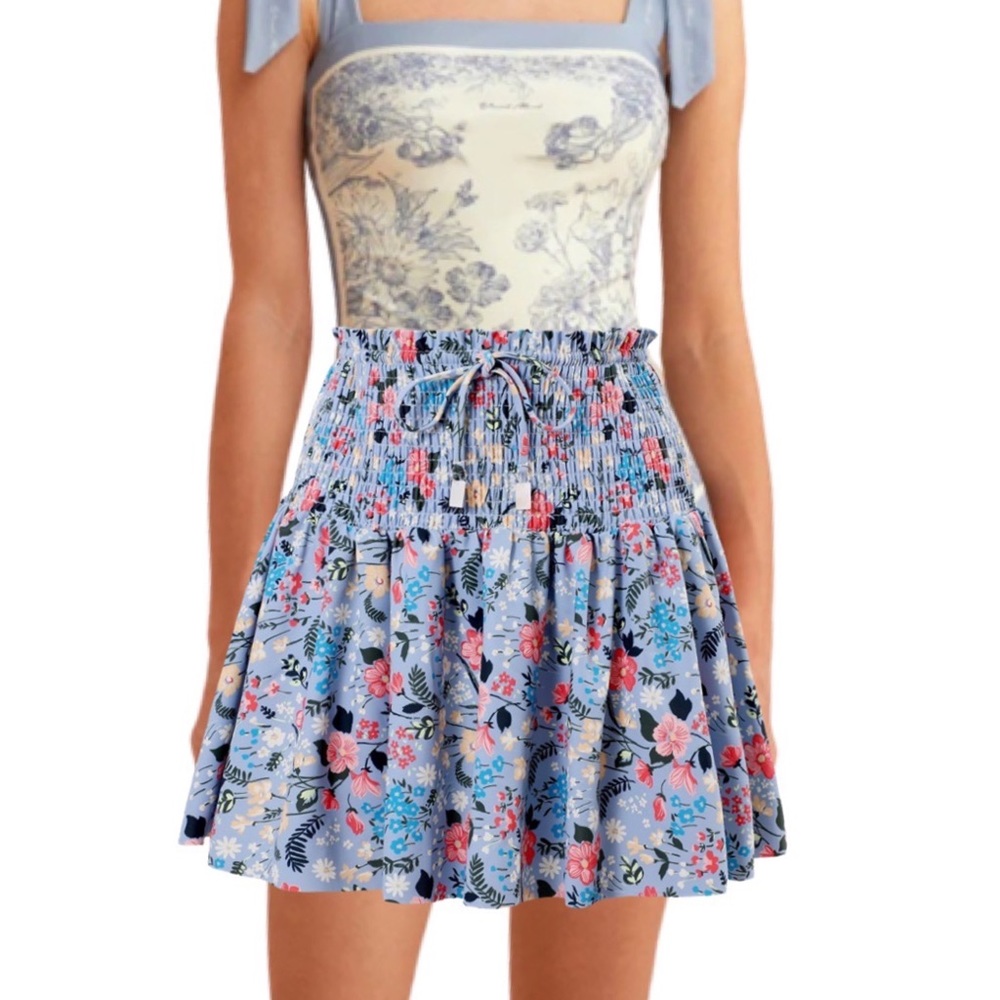 Retro Blue Floral Shirred High Waist Drawstring Beach Skirt